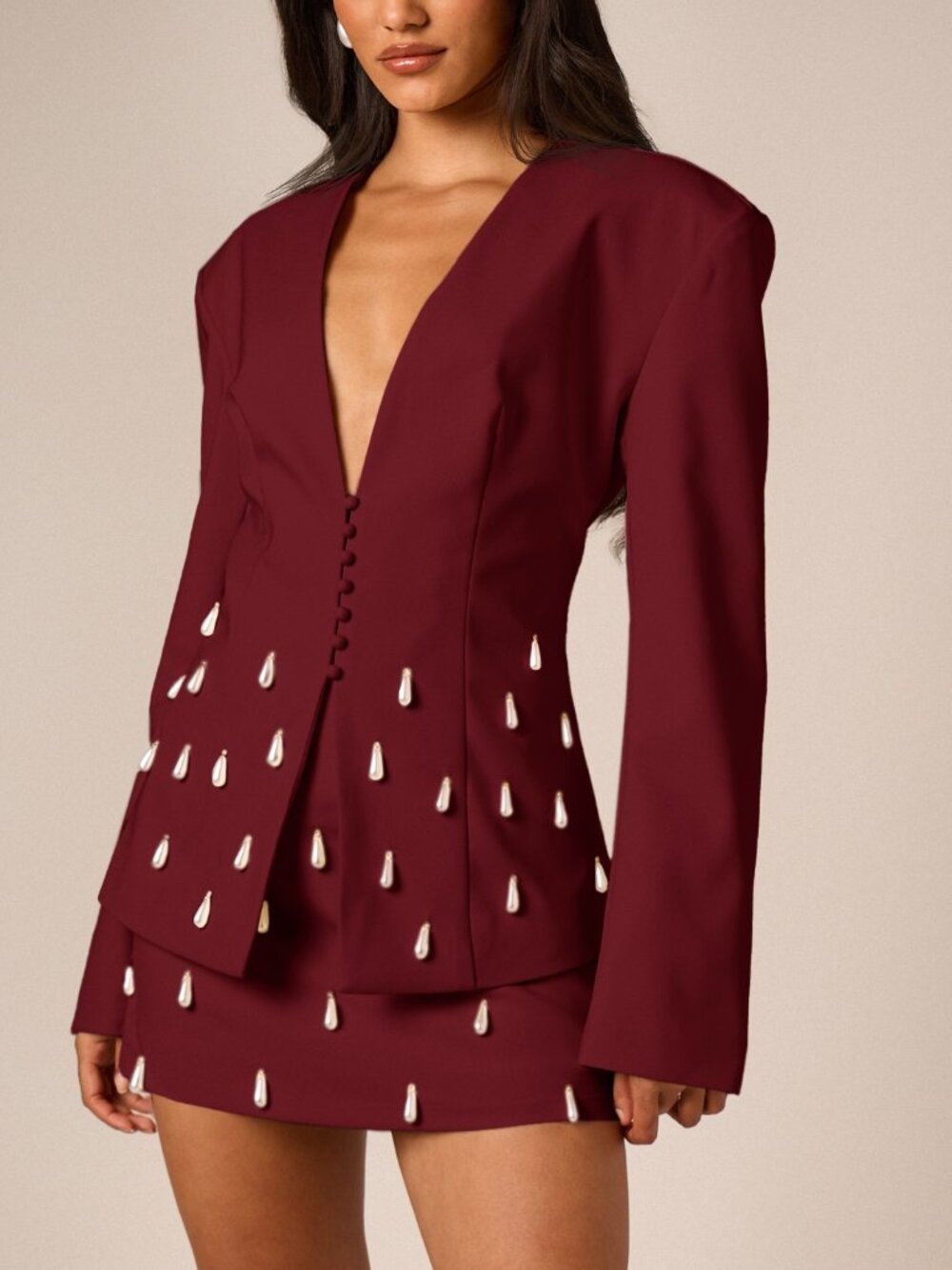 Burgundy Elegant Women's Pearl Drop Embellished Blazer Jacket With Deep V-Neck